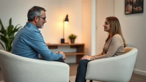 Professional mental health counseling session in modern office with warm lighting, therapist and patient engaged in focused conversation, minimalist interior design, comfortable chairs, emphasizing trust and concentration