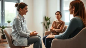 A calm, professional therapist in a comfortable clinical office setting conducting a focused one-on-one cognitive behavioral therapy session with a patient sitting across from them, both appearing engaged and concentrated, natural lighting from windows, minimalist modern office design, warm tones, patient showing improved posture and attentiveness