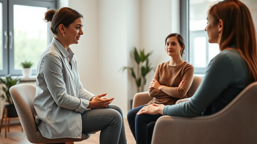 A calm, professional therapist in a comfortable clinical office setting conducting a focused one-on-one cognitive behavioral therapy session with a patient sitting across from them, both appearing engaged and concentrated, natural lighting from windows, minimalist modern office design, warm tones, patient showing improved posture and attentiveness