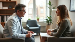 Psychiatrist or psychologist in professional office environment, engaged in focused therapeutic consultation with patient, warm neutral tones, comfortable seating, note-taking, professional yet approachable atmosphere, natural window lighting