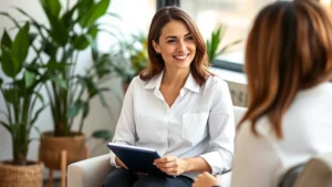 Professional female therapist with warm expression sitting in modern office with plants and soft lighting, notepad on lap, focused and attentive listening posture