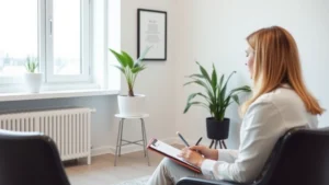 Professional therapist or counselor in calm clinical office setting, listening attentively with notepad, natural lighting from windows, minimalist modern design, person appears focused and engaged in therapeutic conversation