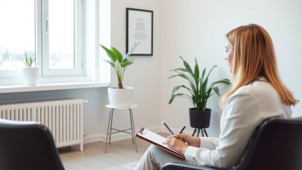Professional therapist or counselor in calm clinical office setting, listening attentively with notepad, natural lighting from windows, minimalist modern design, person appears focused and engaged in therapeutic conversation