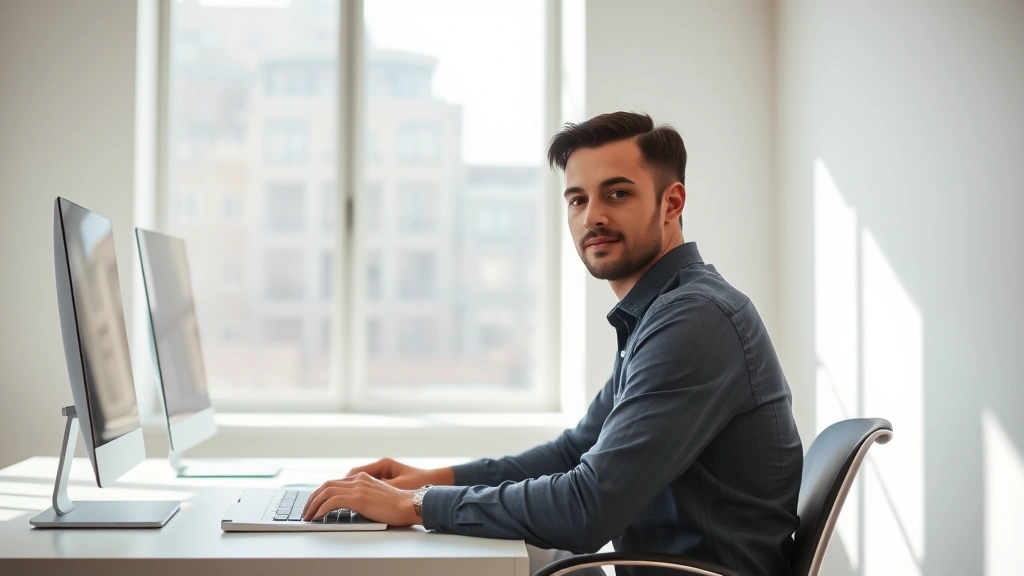 Person sitting at minimalist desk with natural sunlight streaming through large window, completely focused on work, no visible screens or distractions, calm peaceful expression, professional office environment
