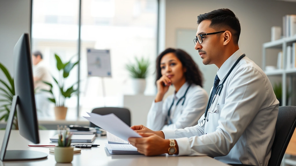 A diverse healthcare professional in a modern clinic office, thoughtfully reviewing patient information at a desk, representing qualified mental health providers and professional care quality
