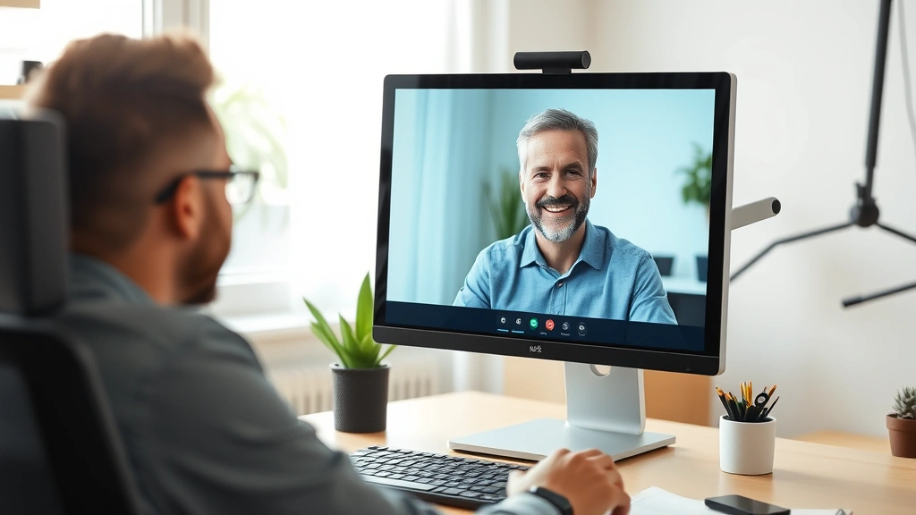 Male therapist in video call on computer screen during telehealth appointment, professional home office background, calm demeanor, modern technology setup, natural window lighting