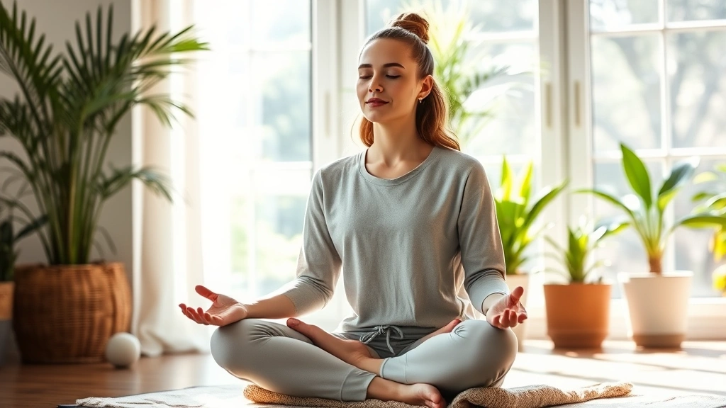 Person meditating peacefully in bright natural light, sitting cross-legged on cushion, serene facial expression, sunlight streaming through windows, plant-filled room, complete focus and calm