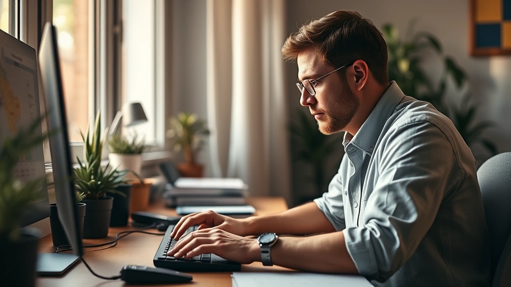 Person in deep concentration at desk during focused work session, hands on keyboard, calm facial expression, organized workspace with plants, warm natural lighting from window, peaceful morning light, photorealistic, no visible screens or notebooks with text