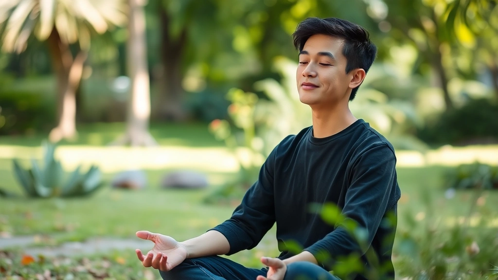 A person sitting peacefully in a natural outdoor setting like a park or garden, demonstrating mindfulness and mental clarity with a relaxed but focused facial expression, soft natural lighting, surrounded by greenery, embodying calm concentration and mental wellness without any visible text or digital devices
