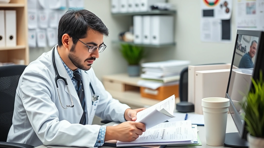 Mental health professional at desk reviewing patient assessment documents, concentration on face, organized medical files, computer workstation visible, professional healthcare office setting, calm composed expression