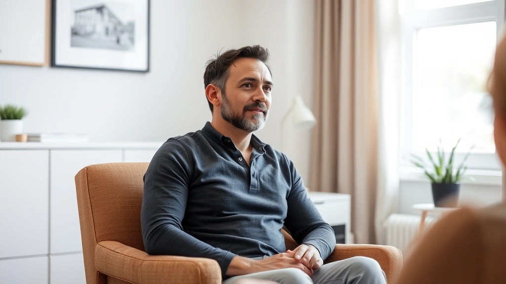 Male patient in therapy session leaning forward engaged, sitting in comfortable armchair in calming office environment with natural light from window