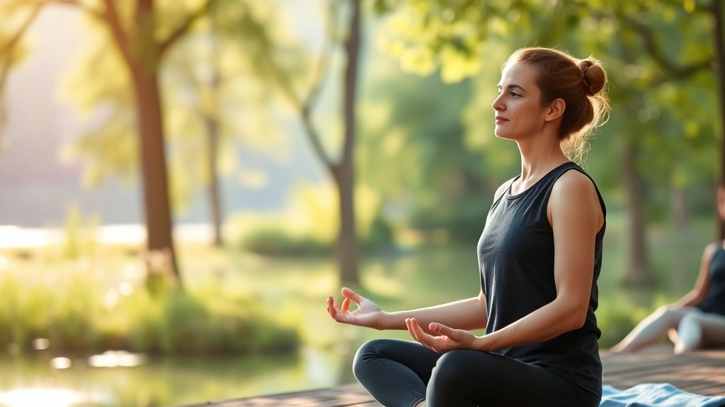 Individual practicing meditation or mindfulness in peaceful natural environment, sitting calmly near trees or water, morning sunlight, serene expression, hands in meditative position, outdoor wellness setting