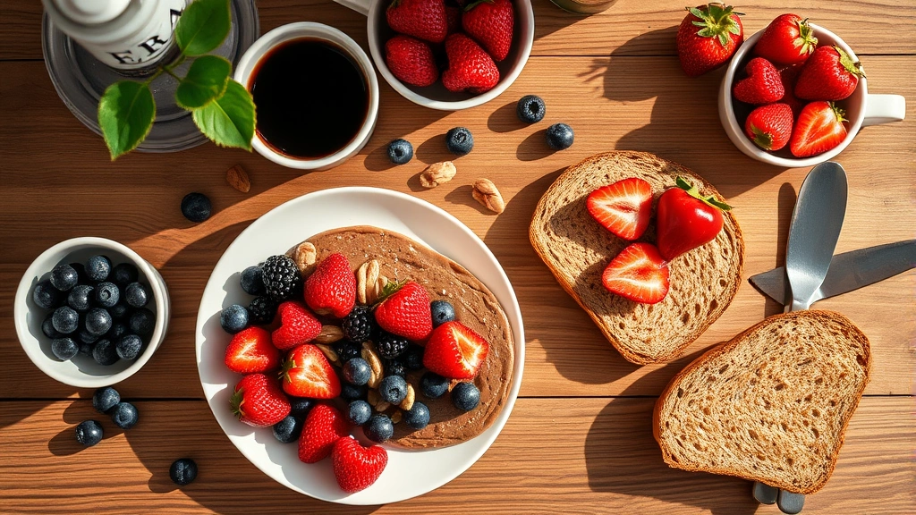 Top-down view of healthy breakfast with fresh berries, nuts, whole grain toast, and coffee on wooden table, bright morning light, emphasizing brain-healthy nutrition for focus