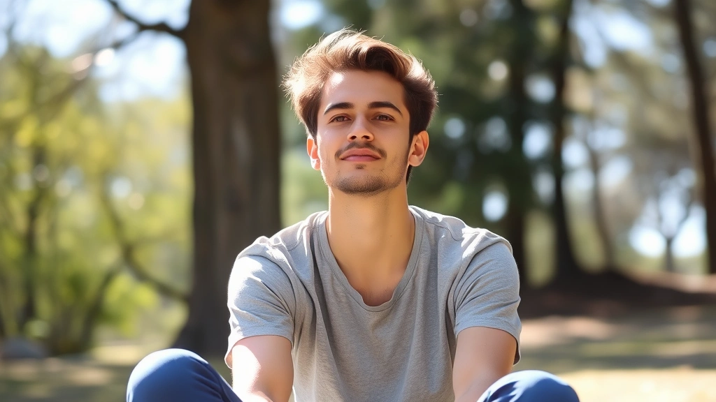 Person sitting peacefully outdoors in natural sunlight, looking calm and focused with clear mind, trees and nature background, serene expression showing mental clarity