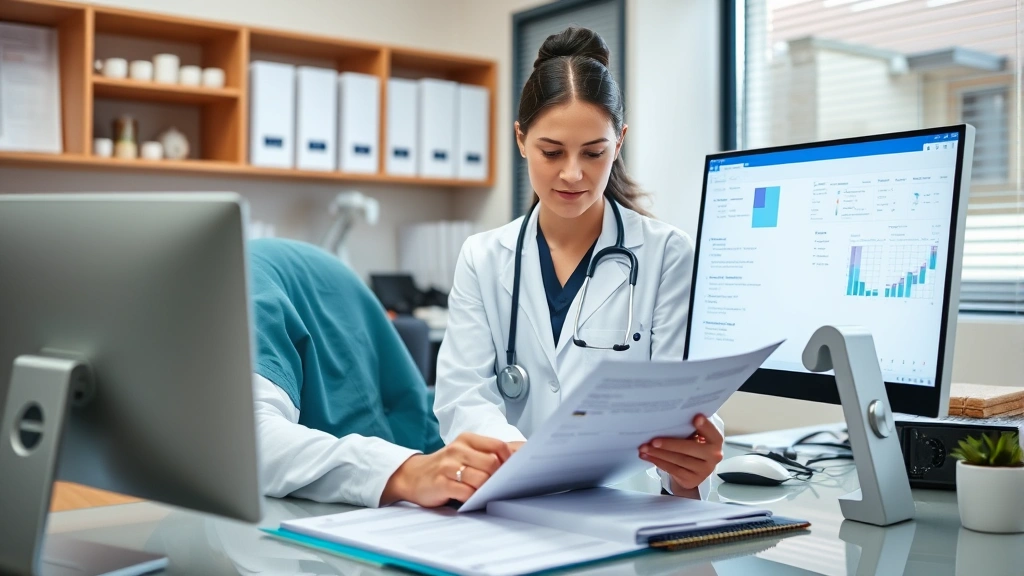 Healthcare provider reviewing patient records at desk with computer and documentation, organized medical office environment, professional setting showing care coordination and focused attention to detail