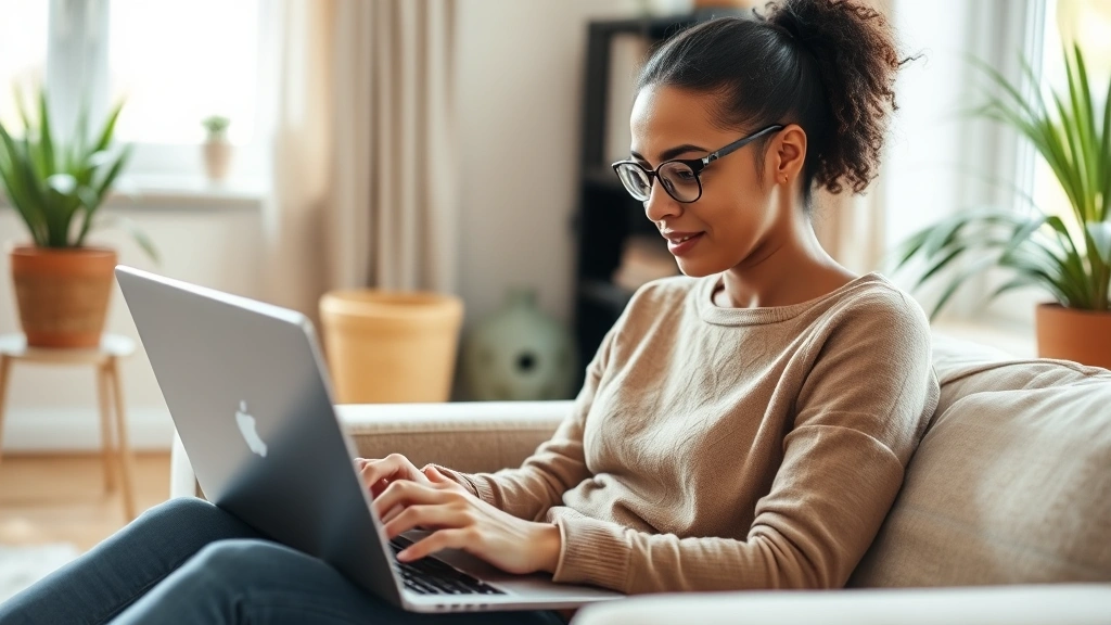 Someone using a laptop for a telehealth therapy session, sitting in a comfortable home space with natural light, appearing engaged and focused on virtual mental health counseling