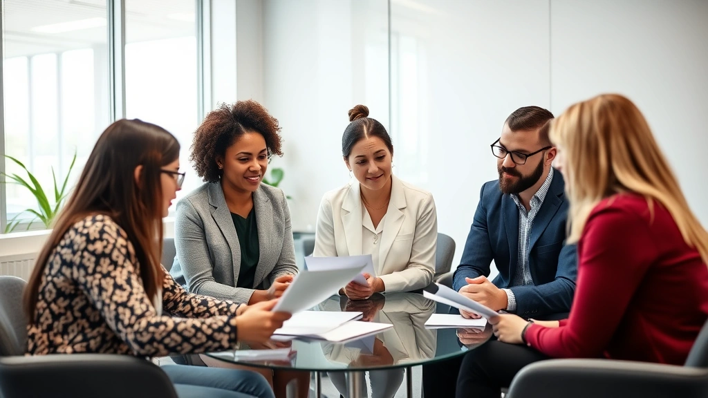 Diverse group of mental health professionals in collaborative meeting discussing patient care, office setting, reviewing documents together, engaged professional environment, diverse team composition