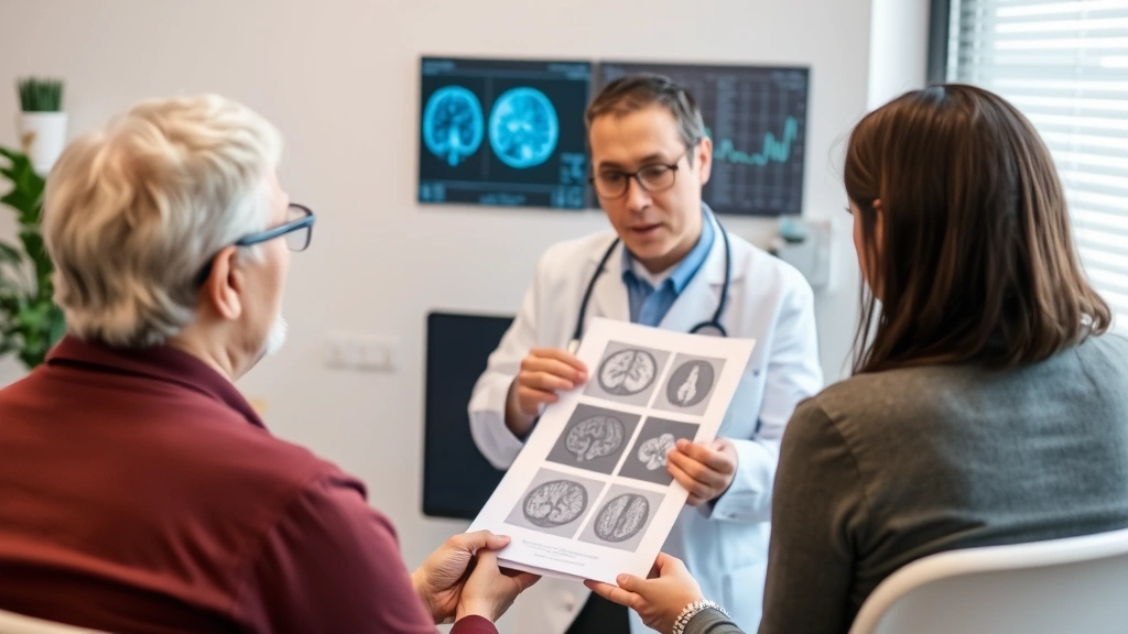 Mental health professional reviewing brain imaging or cognitive assessment results with patient, pointing at documents, collaborative discussion, modern healthcare setting, concentration and clarity evident