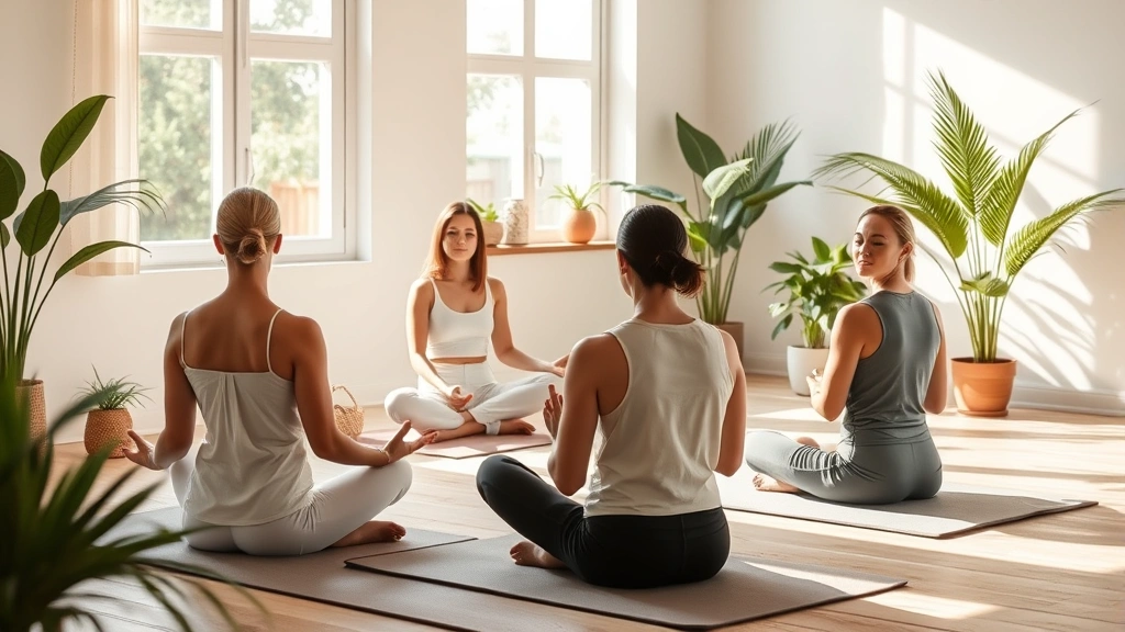 Group mindfulness or meditation session in wellness setting, multiple people in peaceful posture, natural light from windows, calming environment with plants, neutral colors, therapeutic space, photorealistic, no visible text or instructional materials