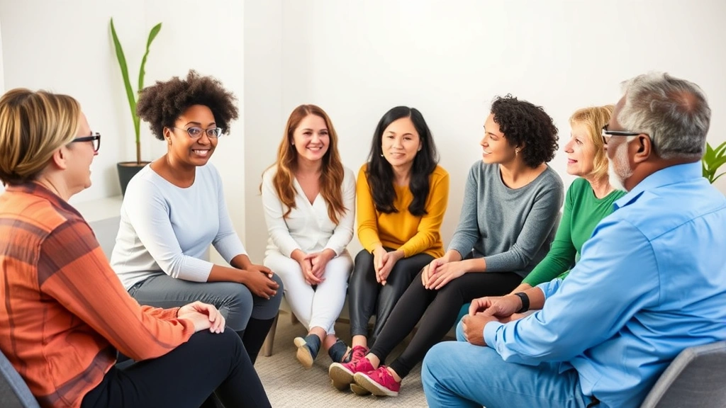 A diverse group of individuals in a supportive therapy or wellness circle sitting together in a calm clinical or community setting, engaged in conversation and mutual support, showing connection and positive mental health outcomes, natural professional atmosphere, warm lighting, everyone appearing focused and present