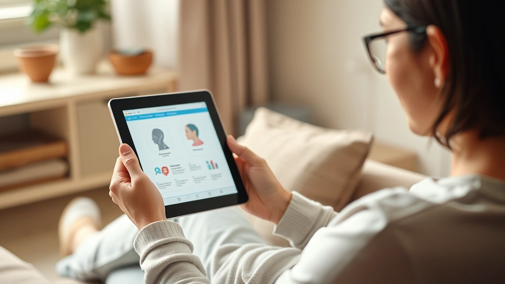 Person holding tablet or device reviewing mental health information, seated comfortably indoors, focused engaged expression, natural daylight, modern healthcare technology interface visible on screen, peaceful home environment