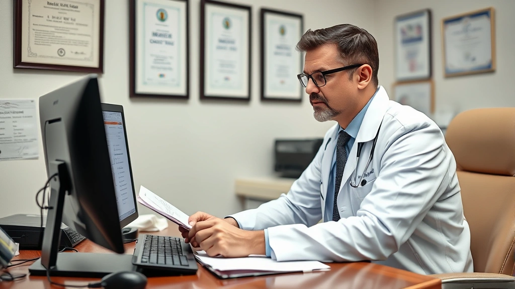 Healthcare provider at desk reviewing patient records with computer, professional medical setting with certificates on wall, serious focused expression