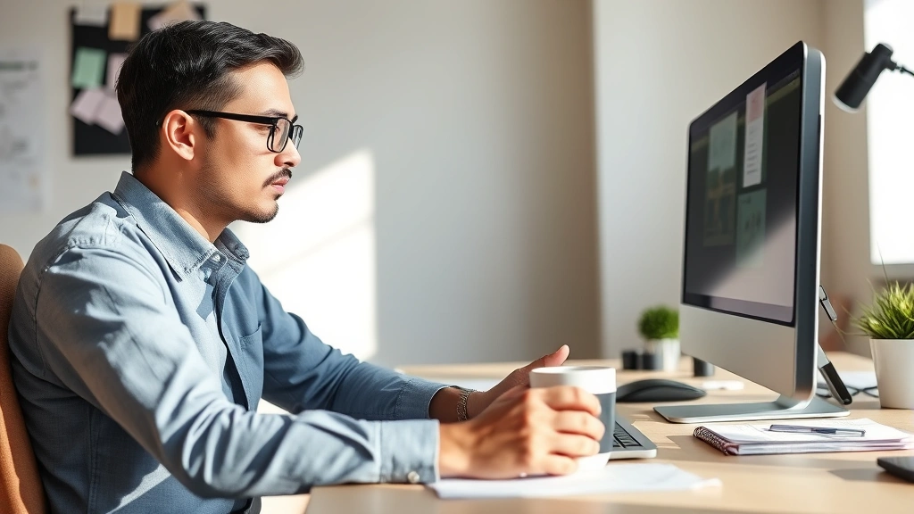 Person at desk during focused work session, clear workspace with minimal distractions, natural daylight, engaged concentration expression, professional but comfortable environment, coffee cup nearby, organized materials