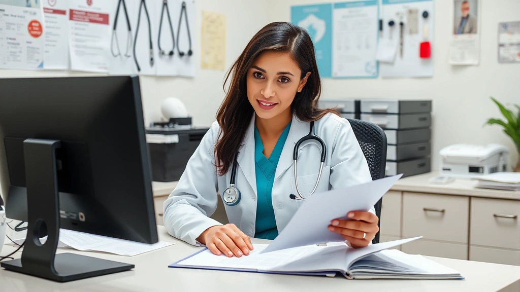 Healthcare professional reviewing medical documents at desk with computer, organized office space with medical credentials visible, professional setting showing provider qualification and care