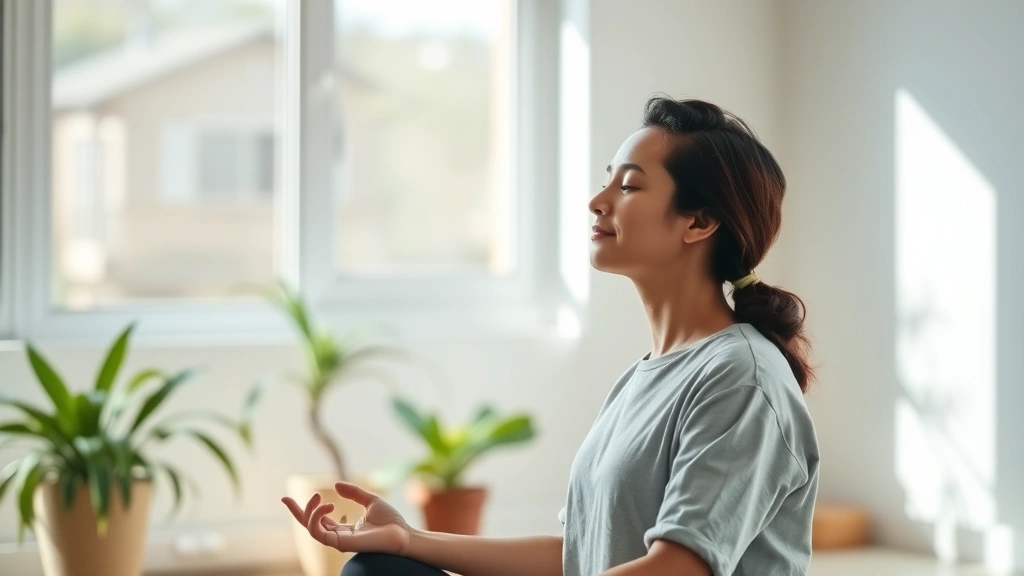 Person in peaceful meditation or contemplative pose in calming environment with natural light, representing mental wellness and focused mental health practice, serene interior space with plants