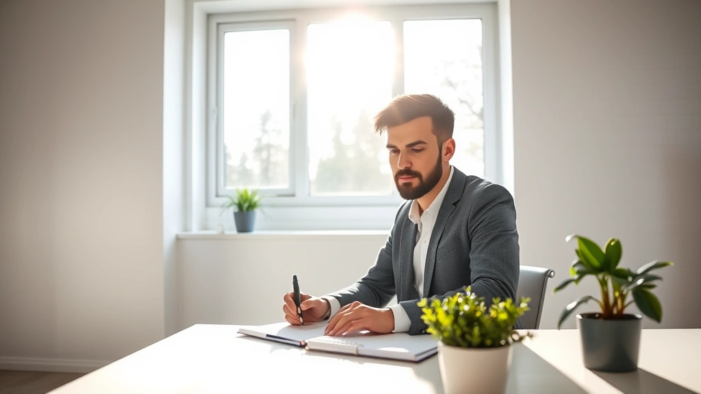 Professional person sitting at minimalist desk with natural sunlight streaming through large window, working intently with notebook and pen, calm focused expression, green plant on desk, no visible screens or text