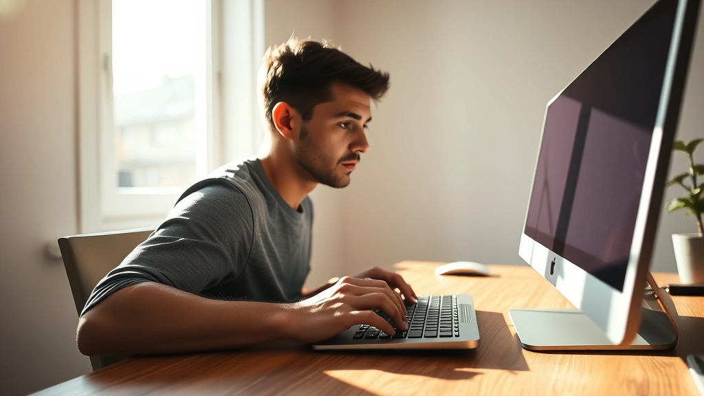 Person in deep focus at wooden desk with natural light streaming through window, hands typing on keyboard, minimal background, peaceful concentration expression, morning sunlight creating warm atmosphere