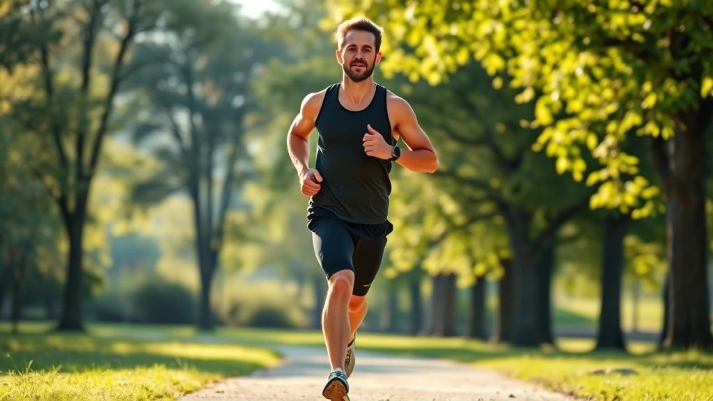 Athletic person jogging through morning park landscape with trees and natural light, peaceful expression, athletic wear, nature surroundings, motion captured, no visible text or clocks