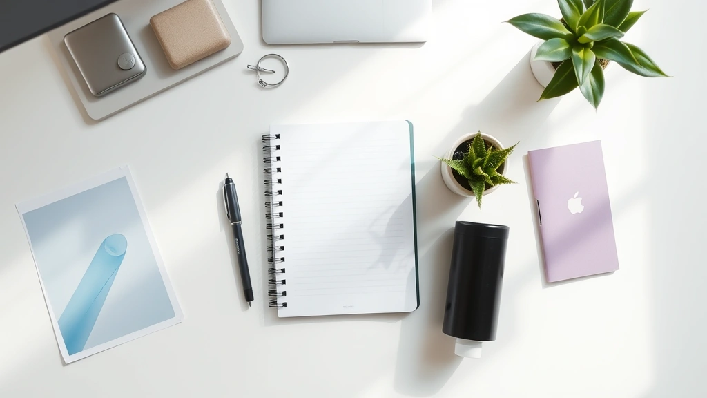 Overhead view of organized workspace with notebook, pen, water bottle, and plant, clean minimal desk environment, natural lighting, productivity setup without visible text or screens