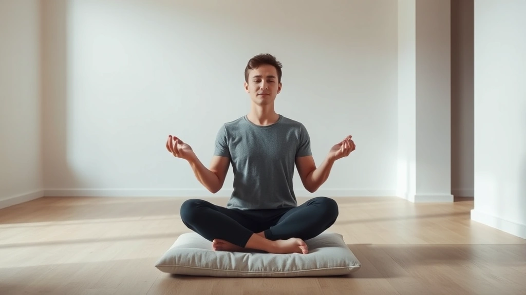 Serene meditation space with person sitting cross-legged on floor cushion, hands in meditation position, soft natural lighting, minimal room with white walls, peaceful expression, no visible text or screens