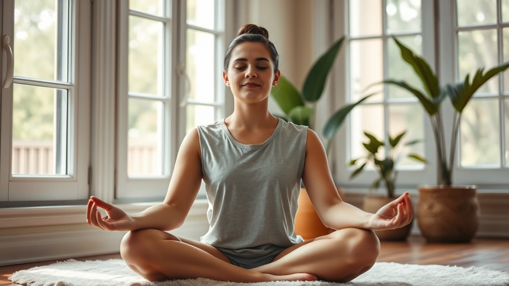 Person meditating in comfortable position by large windows, serene expression, indoor plant visible, soft natural light, calm focused state, peaceful home environment
