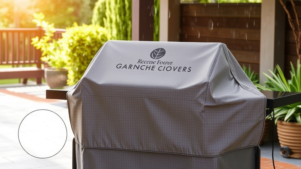 Professional outdoor grill covered with premium protective material during rain and sunshine, showing secure fit and quality fabric texture, no logos or text visible