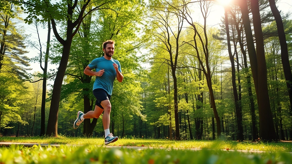 Active person jogging outdoors through green park or forest trail, energetic movement with natural surroundings, morning light, demonstrating exercise benefits for mental clarity and focus