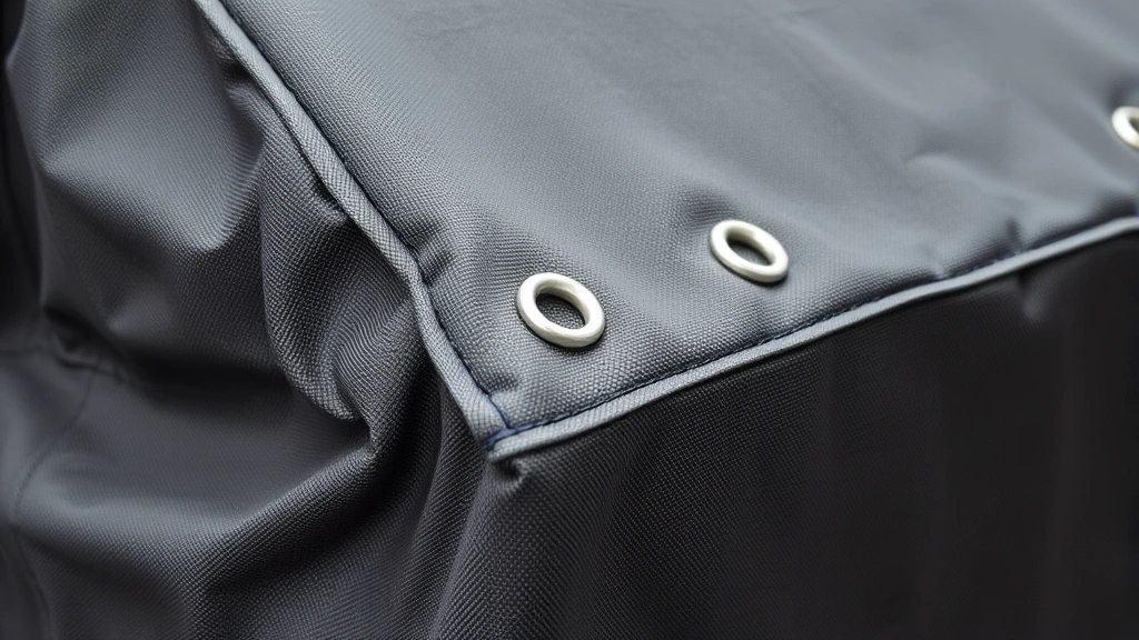 Close-up detail of grill cover seams and grommets demonstrating reinforced construction, weathered appearance showing durability after seasons of use, focus on material quality