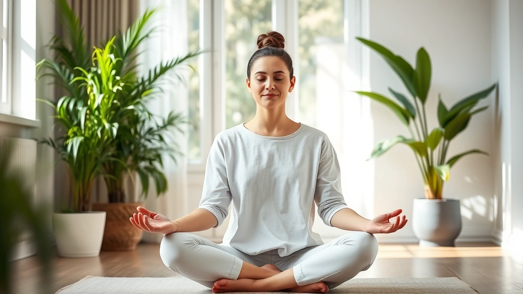 Person in meditation pose sitting peacefully indoors with calm facial expression, natural lighting, serene environment with plants, demonstrating mindfulness and attention training