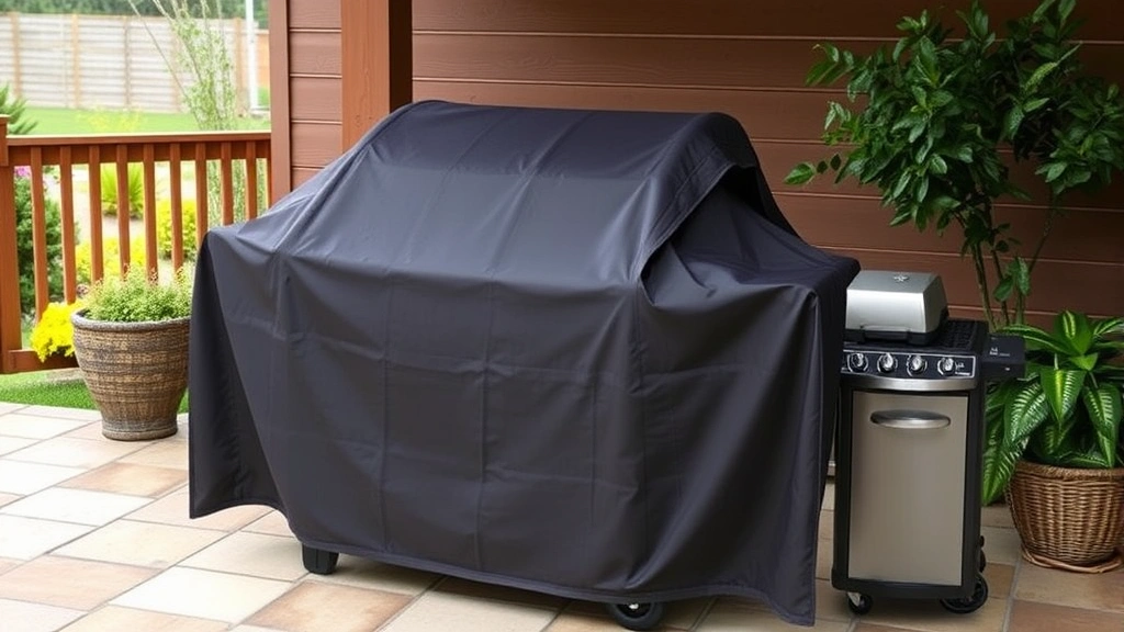 Outdoor setting with properly fitted grill cover protecting equipment during varied weather including wind and moisture, showing ventilation and secure positioning without text elements