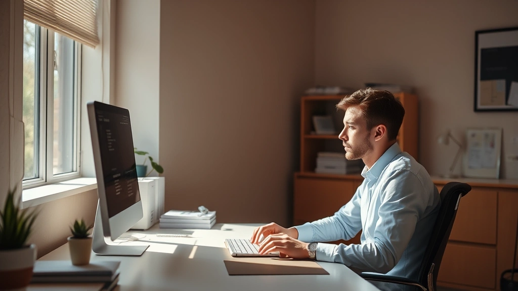 Professional workspace with minimalist desk, natural light streaming through window, person in focused concentration, clean organized environment, warm neutral tones, no visible text or screens