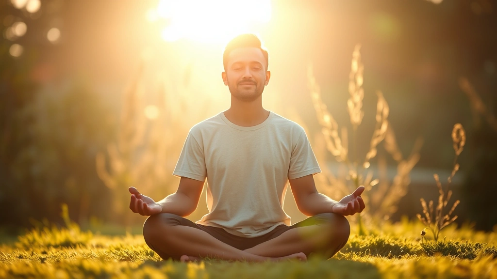 Person meditating in calm setting with morning sunlight, peaceful expression, sitting posture indicating mindfulness practice, plants in background, serene atmosphere, photorealistic wellness imagery