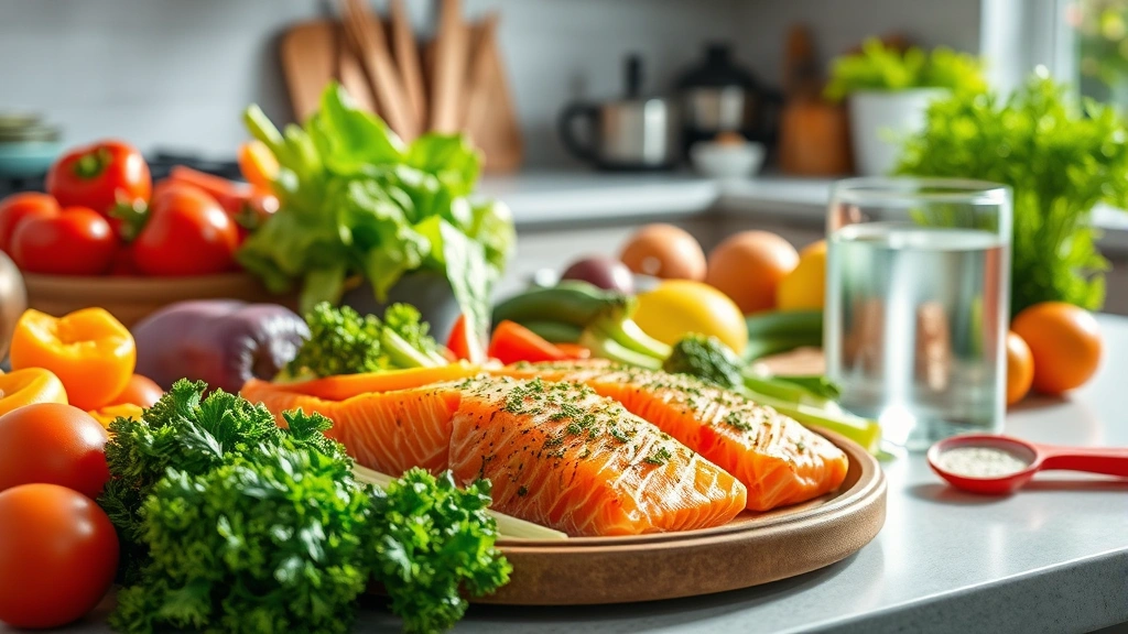 Healthy meal preparation scene with colorful vegetables, omega-3 rich foods like salmon, fresh fruits, water glass, organized kitchen counter, vibrant natural lighting, appetizing food photography