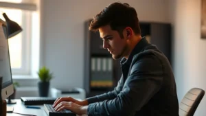 Person sitting at desk in minimalist workspace, intense concentration expression, hands on keyboard, warm natural light from window, blurred background, photorealistic, peaceful focused environment