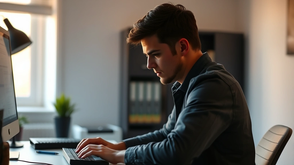 Person sitting at desk in minimalist workspace, intense concentration expression, hands on keyboard, warm natural light from window, blurred background, photorealistic, peaceful focused environment