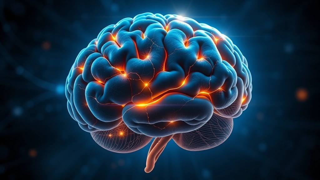 Brain illustration showing neural pathways lighting up during concentration, focused light on prefrontal cortex region, abstract but scientific visualization, deep blue and gold colors, no text or labels