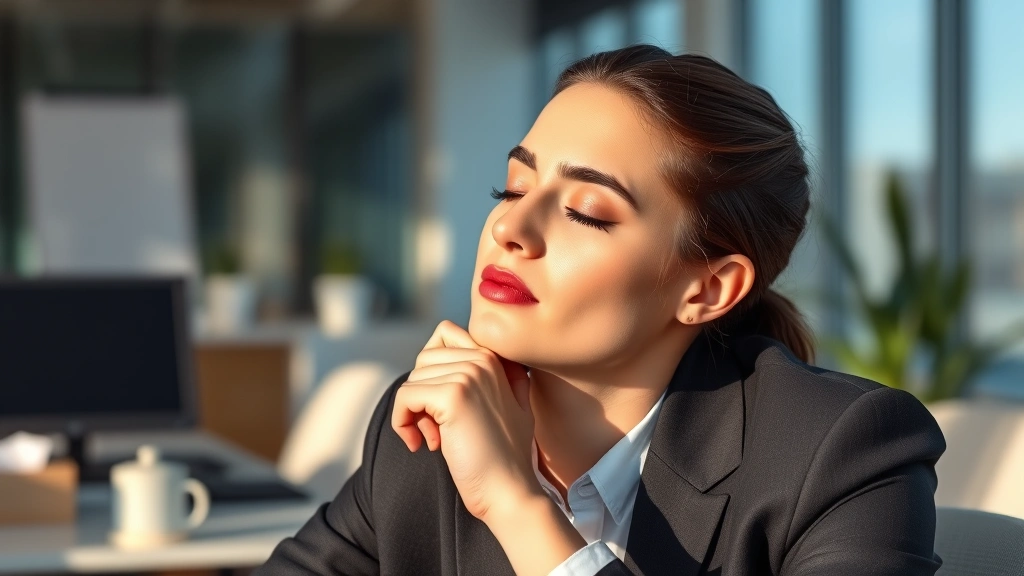 Professional working with closed eyes in moment of deep concentration, hand on chin in thoughtful pose, clean modern office background, morning light, serene focused mental state