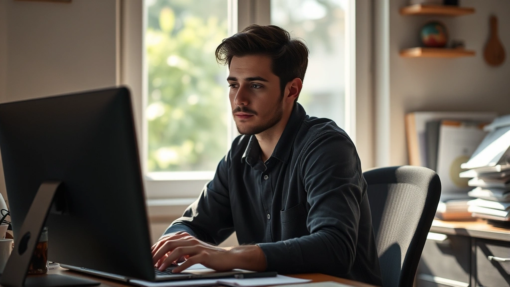 A person sitting at a desk with natural light streaming through a window, eyes focused intently on work, surrounded by minimal clutter, peaceful expression, demonstrating deep concentration and mental clarity