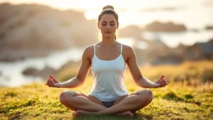 A person meditating peacefully outdoors in morning sunlight, sitting cross-legged on grass with soft natural lighting, serene expression, coastal background blurred, focused and calm demeanor
