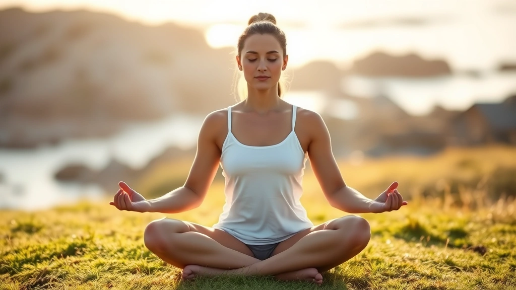A person meditating peacefully outdoors in morning sunlight, sitting cross-legged on grass with soft natural lighting, serene expression, coastal background blurred, focused and calm demeanor
